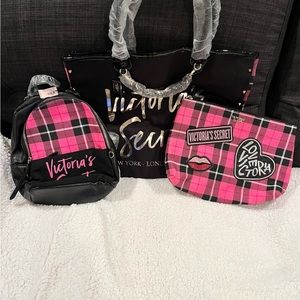 New with tags Victoria’s Secrets Tote, Backpack and Cosmetic Bag in pink/black.